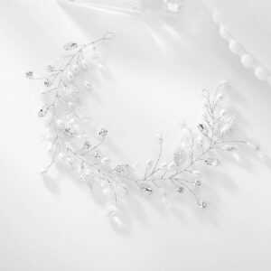 Catery Leaf Bride Wedding Headband Silver Crystal Pearl Hair Vine Braid Headpiece Bridal Hair Accessories for Women and Girls