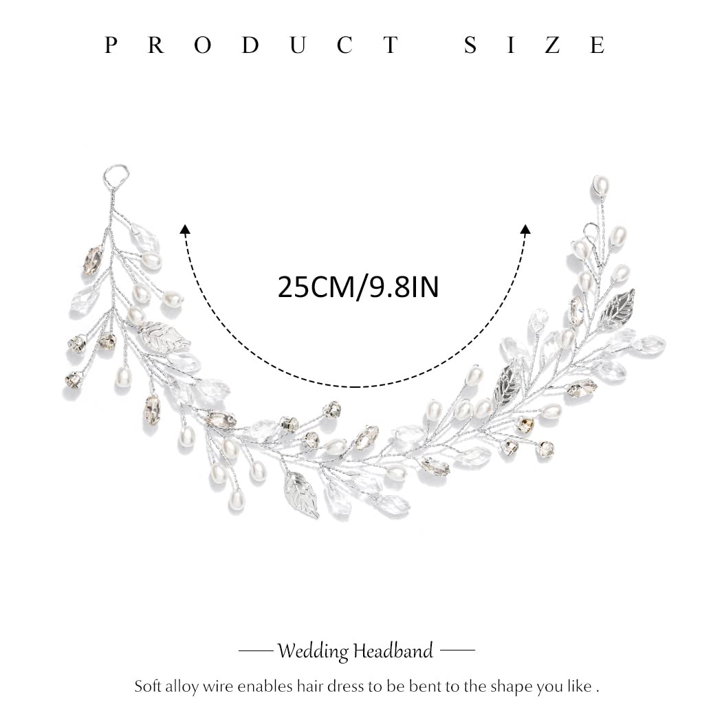 Catery Leaf Bride Wedding Headband Silver Crystal Pearl Hair Vine Braid Headpiece Bridal Hair Accessories for Women and Girls