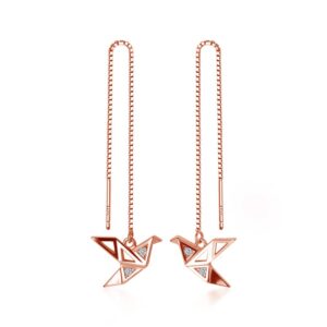 Origami Paper Crane Dangle Drop Earrings Sterling Silver Good Luck Tassel Threader Long Chain Ear Line Stud Earring Hypoallergenic for Women Girls (Rose Gold)