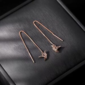 Origami Paper Crane Dangle Drop Earrings Sterling Silver Good Luck Tassel Threader Long Chain Ear Line Stud Earring Hypoallergenic for Women Girls (Rose Gold)