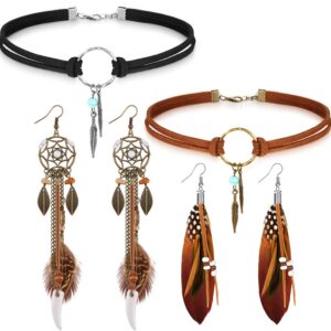 Hicarer 2 Sets Native American Jewelry Set for Women 2 Pieces Faux Suede Choker Necklace Faux Leather Choker and 2 Pairs Bohemian Artificial Feather Earrings Boho Dream Catcher Earring Western Jewelry