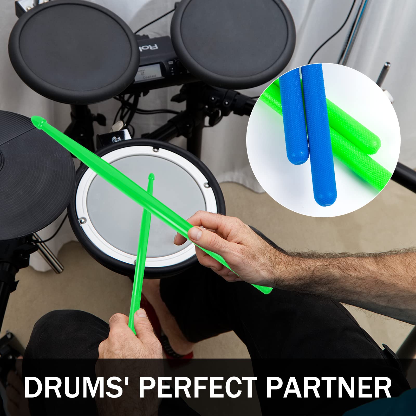 5A Nylon Drumsticks for Kids Adults: Light Durable Drum Sticks Blue Green with Anti-Slip Handles for Electronic Drums Exercise Percussion Accessories (2 Pairs)