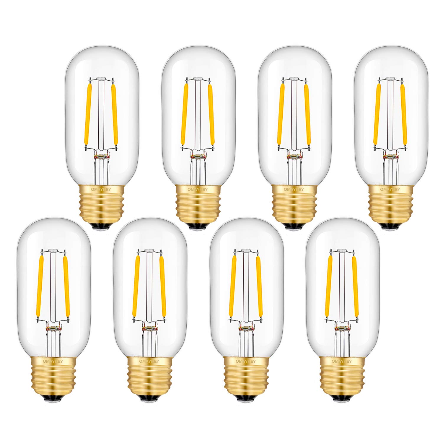 OMAYKEY 2W LED Tubular Bulb 25W Equivalent 250 Lumen, 2700K Warm White E26 Base, Antique Edison T45 Tube Clear Glass Dimmable LED Filament Bulbs, Chandelier Decorative Ceiling Fan Light Bulbs, 8 Pack