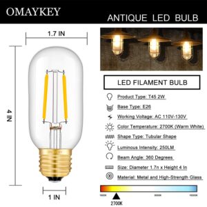 OMAYKEY 2W LED Tubular Bulb 25W Equivalent 250 Lumen, 2700K Warm White E26 Base, Antique Edison T45 Tube Clear Glass Dimmable LED Filament Bulbs, Chandelier Decorative Ceiling Fan Light Bulbs, 8 Pack