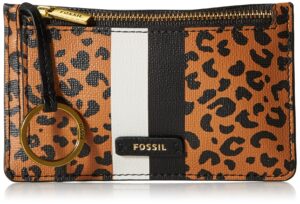 fossil women's logan faux leather wallet slim minimalist zip card case with keychain, cheetah (model: sl6356989)