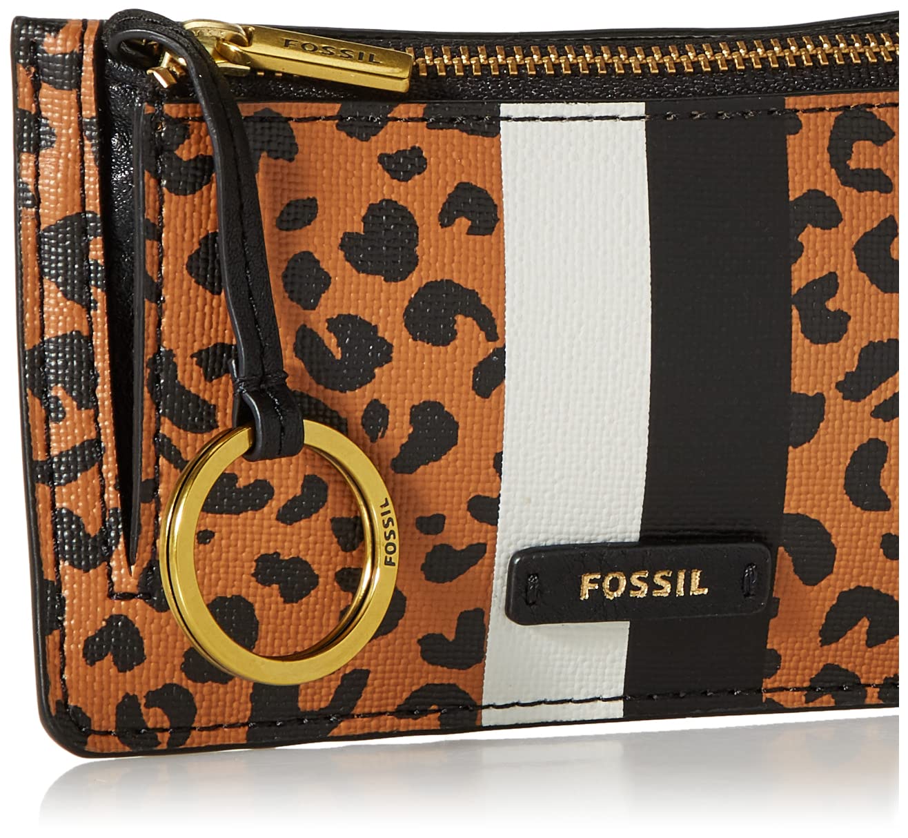 Fossil Women's Logan Faux Leather Wallet Slim Minimalist Zip Card Case with Keychain, Cheetah (Model: SL6356989)