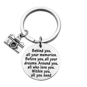 feelmem camera keychain photographer gift behind you all memories before you all your dream keychain photography jewelry photo club gift photography friend encouragement gift (camera keychain)