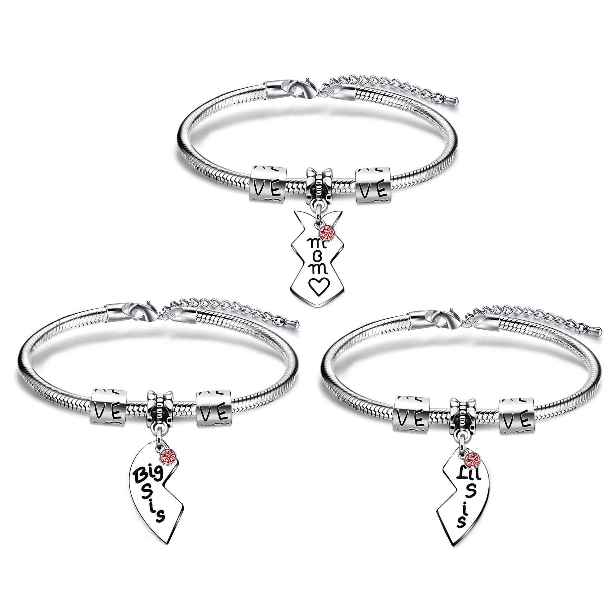 KENYG Mothers Day Christmas 3PCS Set Big Sis Mom Lil Sis Silver Bracelets Bangles For Mother Daughter