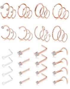 tornito 20g 40pcs stainless steel nose rings nose studs set l-shaped bone curved nose stud piercing helix cartilage tragus hoop rings body piercing jewelry for men and women 6mm 8mm 10mm rose gold