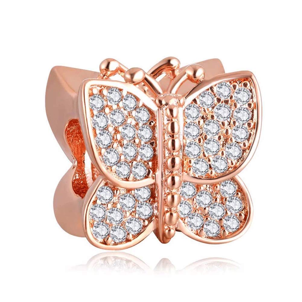 ARTCHARM Rose Gold Sparkling Butterfly with Australian Crystals Charm 925 Sterling Silver Bead for European Compatible Brand Bracelet