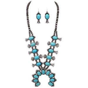 rosemarie & jubalee women's statement western howlite squash blossom necklace earrings jewelry set, 27"+3" extension (turquoise blue)