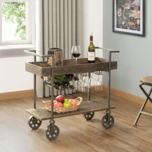 firstime & co. factory row industrial farmhouse bar kitchen and coffee serving cart with wine rack, wheels and handles, aged black, 32.75 l x 14.25 w x 29.75 h inches, rustic brown