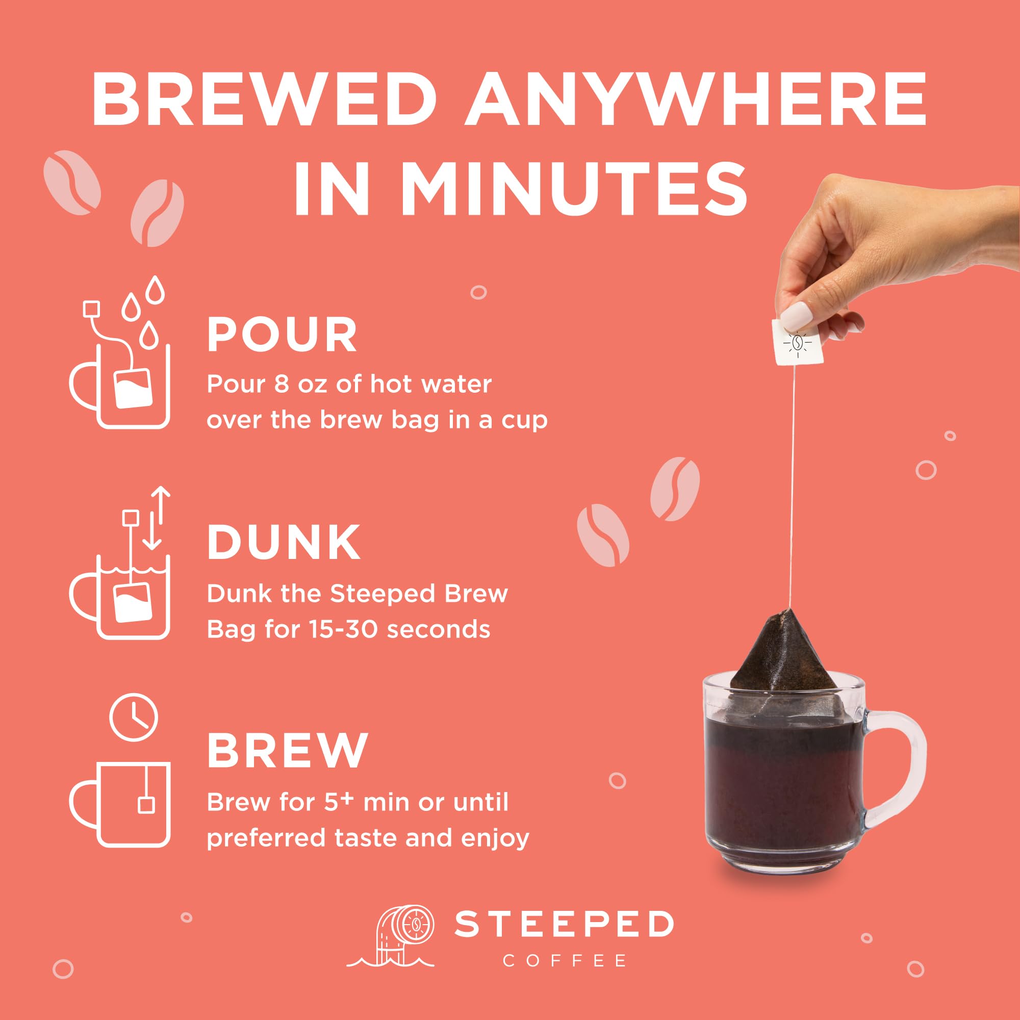 Steeped Coffee Single-Serve Packs - Just + Water - Direct Trade, Hand Roasted & Freshly Ground, Specialty Grade - Nitro Sealed (California Blend (Medium Roast), 8 Count (Pack of 1))