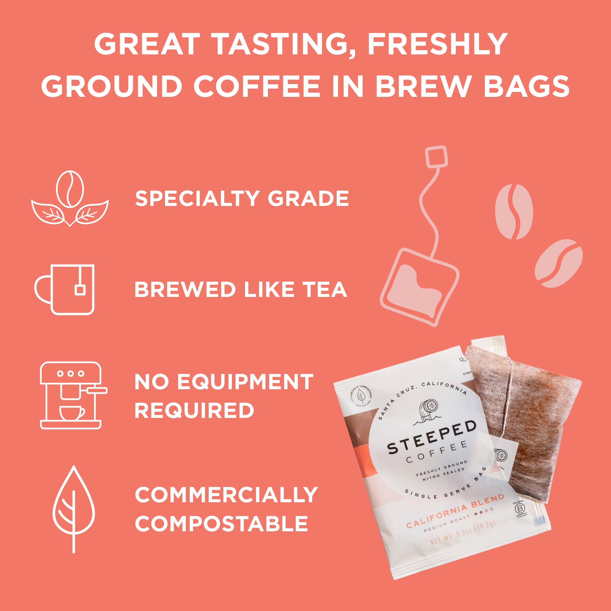 Steeped Coffee Single-Serve Packs - Just + Water - Direct Trade, Hand Roasted & Freshly Ground, Specialty Grade - Nitro Sealed (California Blend (Medium Roast), 8 Count (Pack of 1))