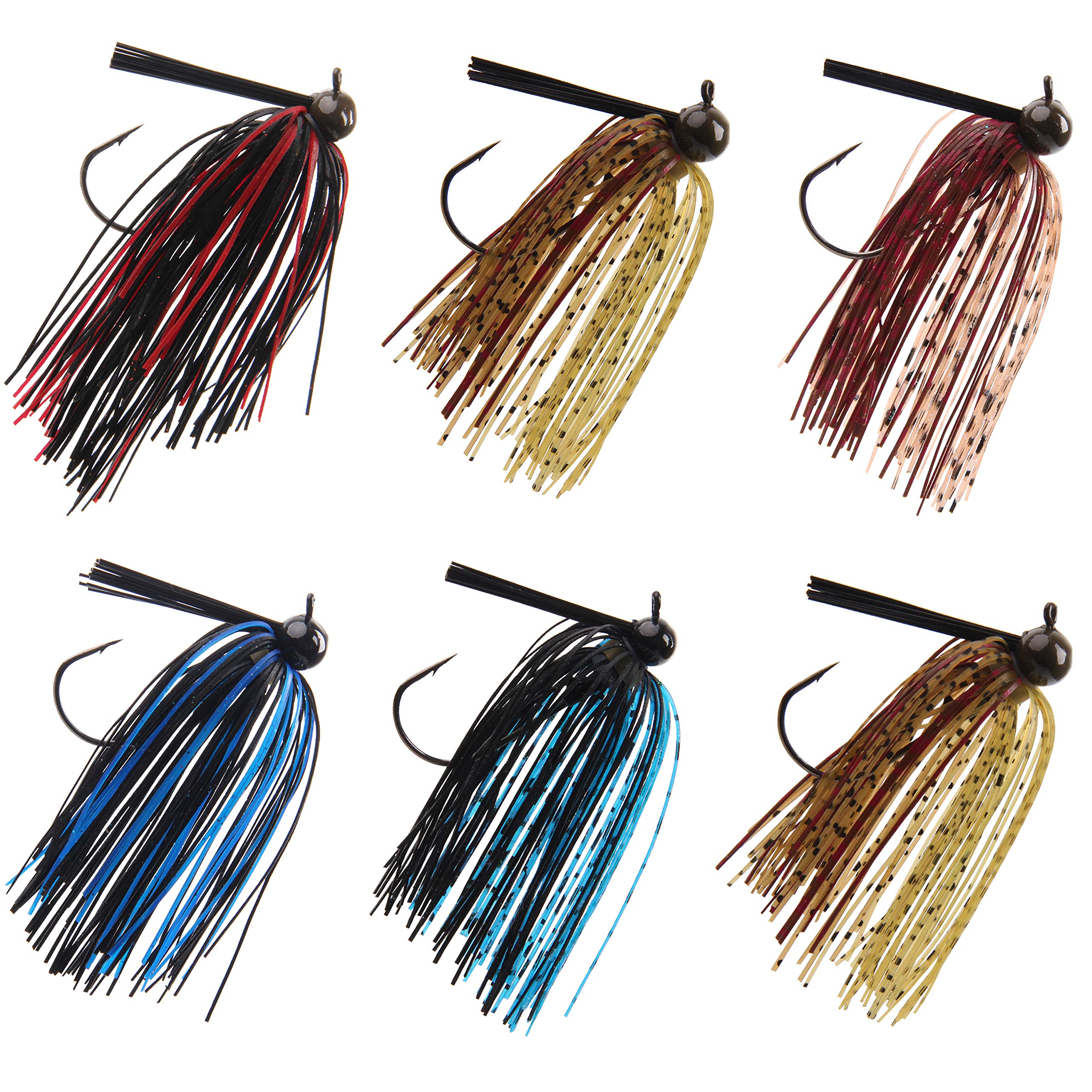 Bass Football Jigs Set-6pcs Weedless Jig Swim Jigs for Bass Fishing Jig Head Silicone Skirts Weedguard System Fishing Lure Kit 1/4oz,3/8oz