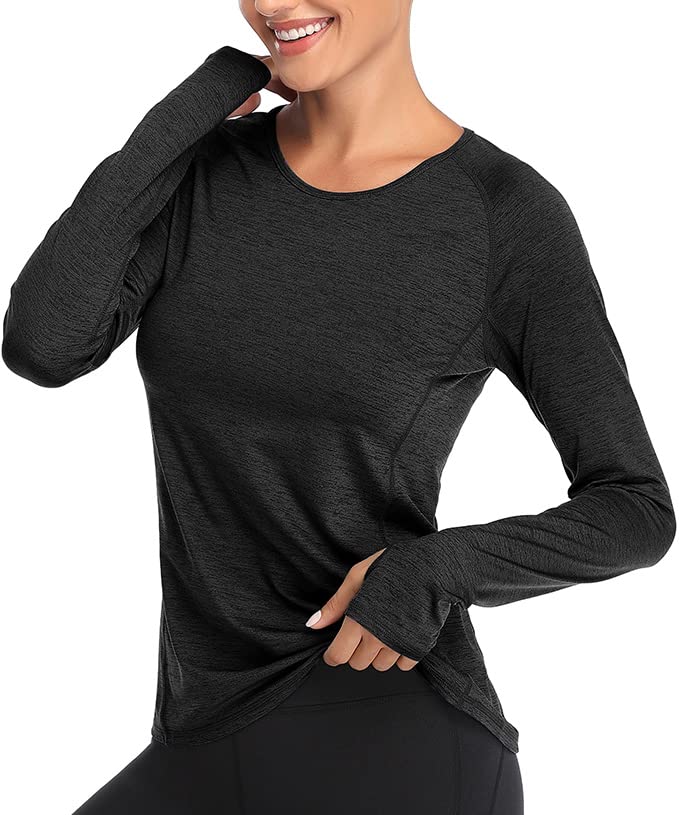 VUTRU Women's Long Sleeves Workout T Shirt Breathable Sports Running Yoga Tops Thumb Holes Heather Grey