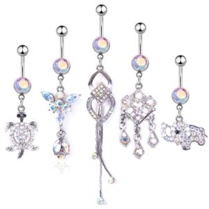 Shuning 5PCS 14G Stainless Steel Belly Button Rings for Women Turtle Elephant CZ Navel Rings Dangle Body Piercing Jewelry