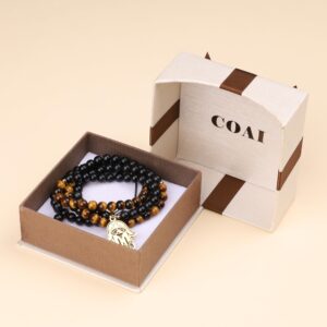 COAI Hamsa Hand Black Obsidian Tiger Eye Stone Beaded 108 Mala Necklace