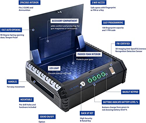 Viking Security Safe VS-37PZ Two Gun Safe with FBI Certified Fingerprint Safe Biometric Safe Sensor & Keypad 2 Handgun Capacity Pistol Safe