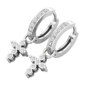 Dazzlingrock Collection 0.15 Carat (ctw) Round White Diamond Ladies Cross Religious Dangling Drop Earrings, 10K White Gold