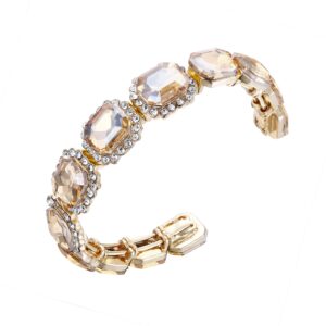 BriLove Wedding Bridal Bangle Bracelet for Women Multi Emerald Cut Crystal Open Stretch Bracelet Champagne Gold-Tone