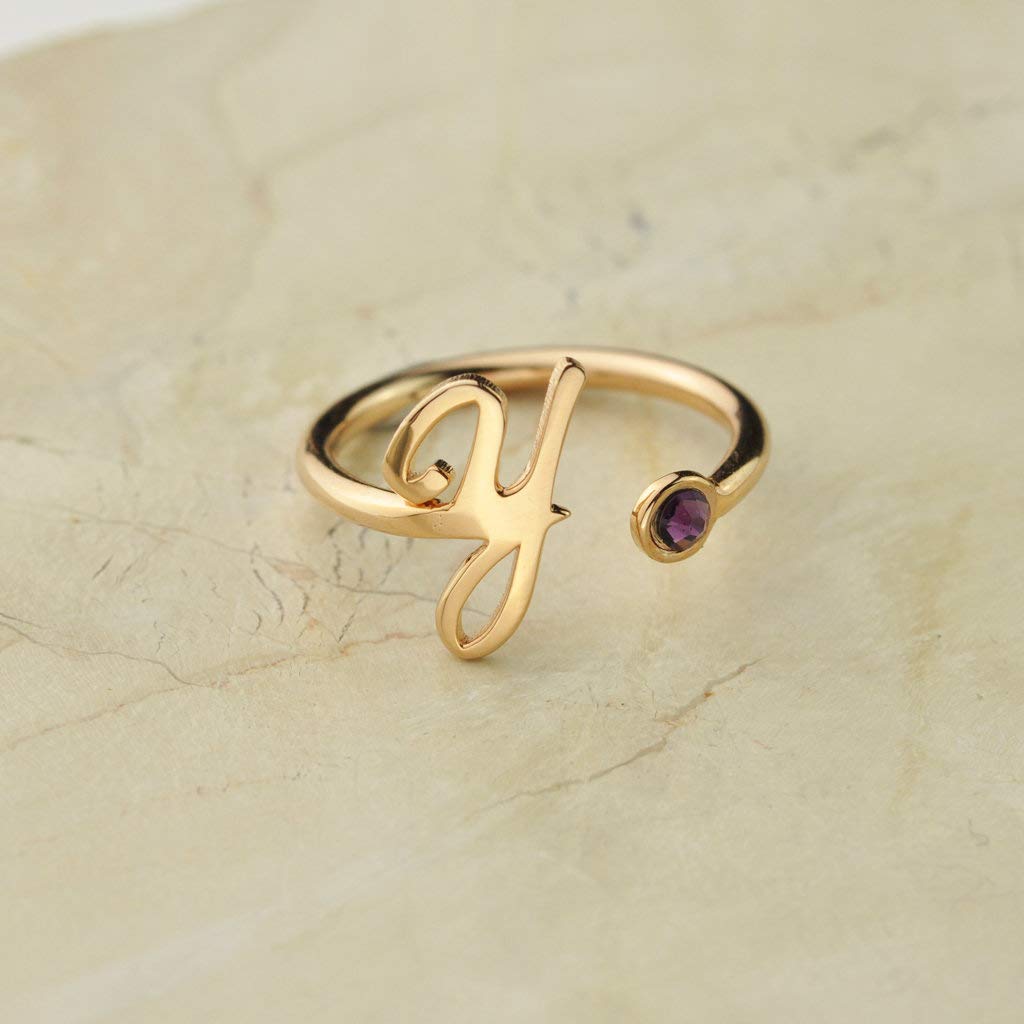 925 Sterling Silver Personalized Initial Name Ring with Simulated Birthstone Cusotm Initial Alphabet Letter Adjustable Size Stackable CZ Wrap Open Ring (Gold)