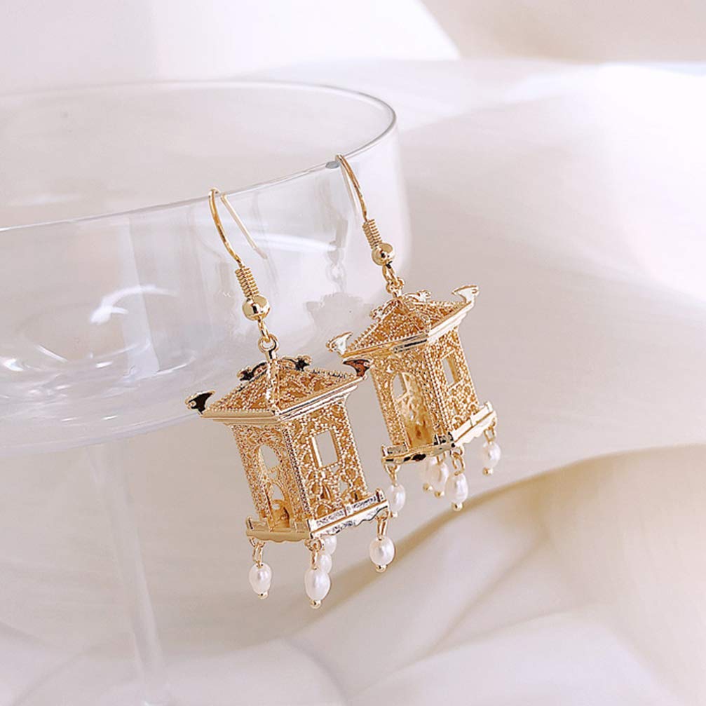 Holibanna 1 Pair Bead Tassel Earrings Gold Drop Earrings Pavilion Shaped Design Earrings Decorative Chinese Style Ear Jewelry Party Dangle Earrings for Women Ladies