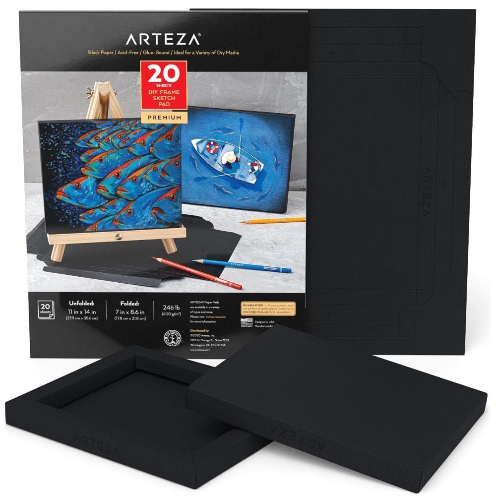 ARTEZA Black Sketch Paper Foldable Canvas Pad, 7x8.6 Inches, 20 Sheets, DIY Frame