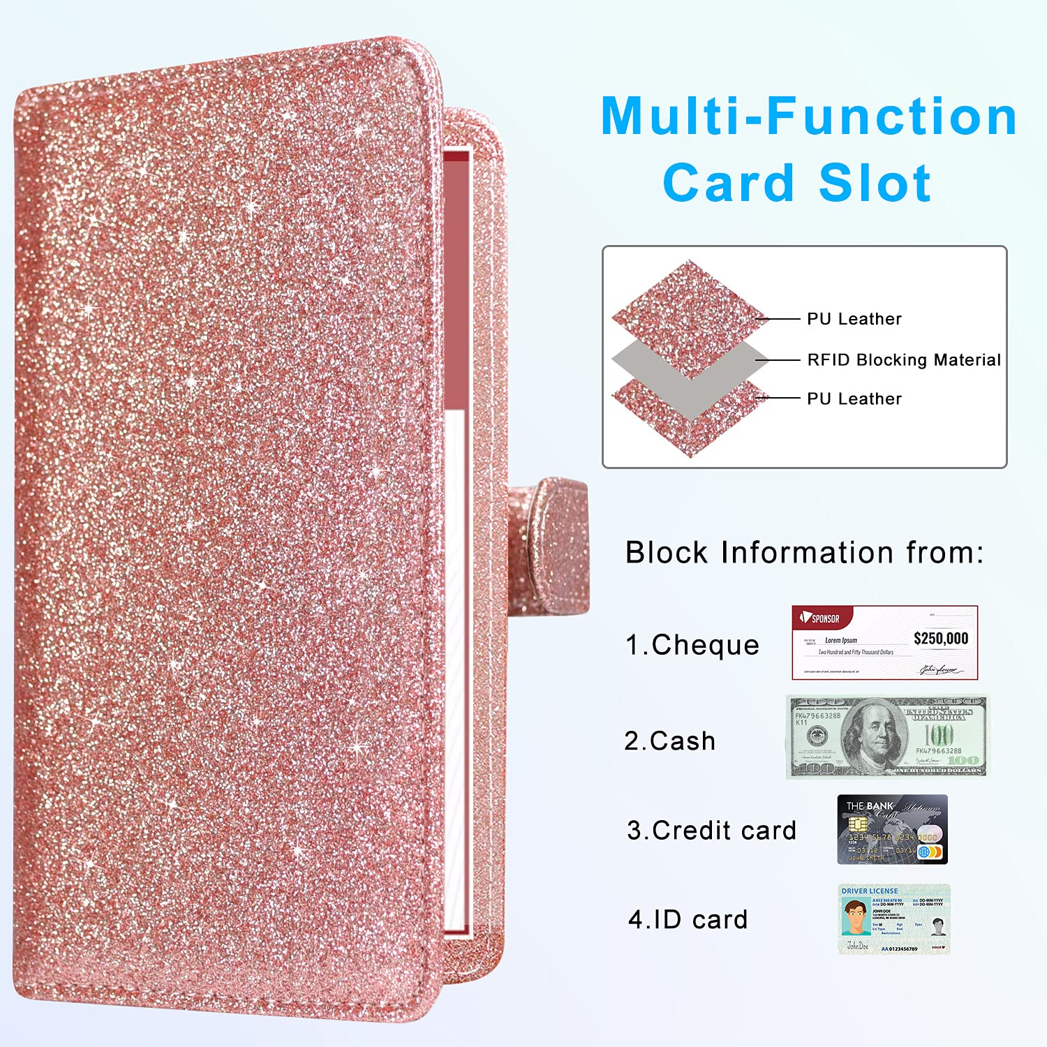 ACdream Checkbook Cover, Leather RFID Blocking Check Book Wallet, Protective Premium Business and Personal Duplicate Checks Holder, with Credit Card Slots for Women Men, Glitter Rose