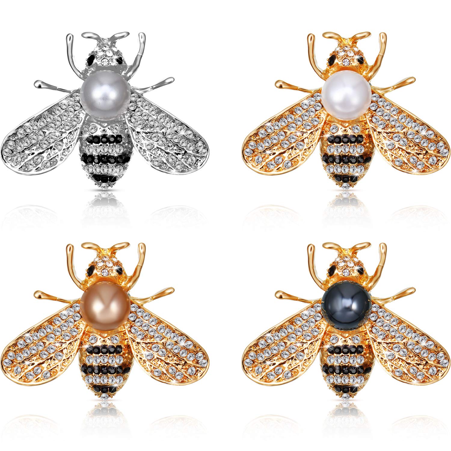 WILLBOND 4 Pieces Honey Bee Brooch Lapel Pins for Women Crystal Insect Themed Bee Brooches with Faux Pearl Fashion Gift for Birthday Dating Party Anniversary