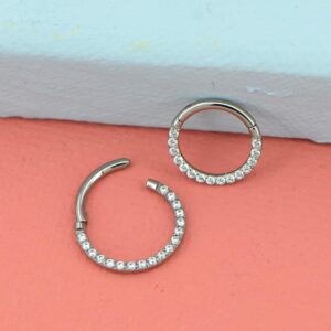 OUFER Titanium Daith Earring Hoop Solid G23 Cartilage Tragus Helix Rings 16G Titanium Septum Piercing Jewelry Hinged Segment Hoop With Clear CZ Paved