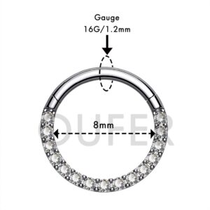 OUFER Titanium Daith Earring Hoop Solid G23 Cartilage Tragus Helix Rings 16G Titanium Septum Piercing Jewelry Hinged Segment Hoop With Clear CZ Paved