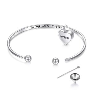 FLYOW Easter Gifts Women Urn Bracelet for Ashes for Girls Sterling Silver Cremation Jewelry Memorial Ashes Keepsake Urn Bangle with Heart Drop Pendant Engraved in My Heart Forever