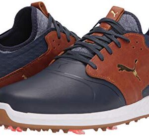 PUMA mens Ignite Pwradapt Caged Crafted Golf Shoe, Peacoat-leather Brown-puma Team Gold, 9.5 US