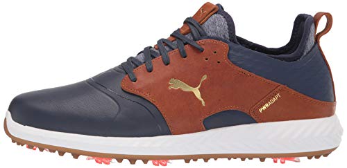 PUMA mens Ignite Pwradapt Caged Crafted Golf Shoe, Peacoat-leather Brown-puma Team Gold, 9.5 US