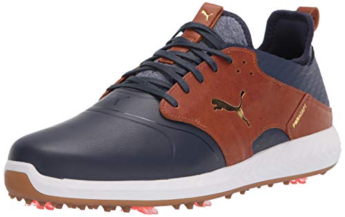 PUMA mens Ignite Pwradapt Caged Crafted Golf Shoe, Peacoat-leather Brown-puma Team Gold, 9.5 US