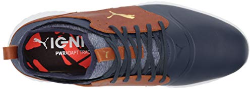 PUMA mens Ignite Pwradapt Caged Crafted Golf Shoe, Peacoat-leather Brown-puma Team Gold, 9.5 US