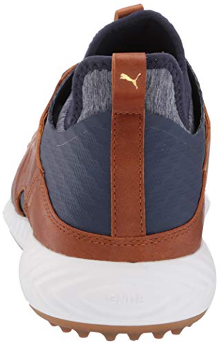 PUMA mens Ignite Pwradapt Caged Crafted Golf Shoe, Peacoat-leather Brown-puma Team Gold, 9.5 US