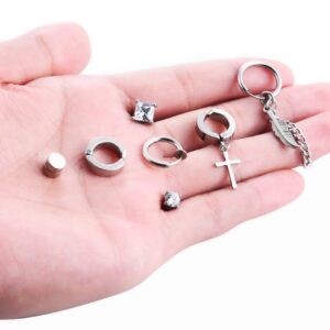 Ofeiyaa 7 Pairs Magnetic Stud Earring Stainless Steel CZ Clip On Earring Non- Piercing Huggie Chain Pendant Earring Feather Hinged Hoop Earrings Set For Women Men Silver Tone.