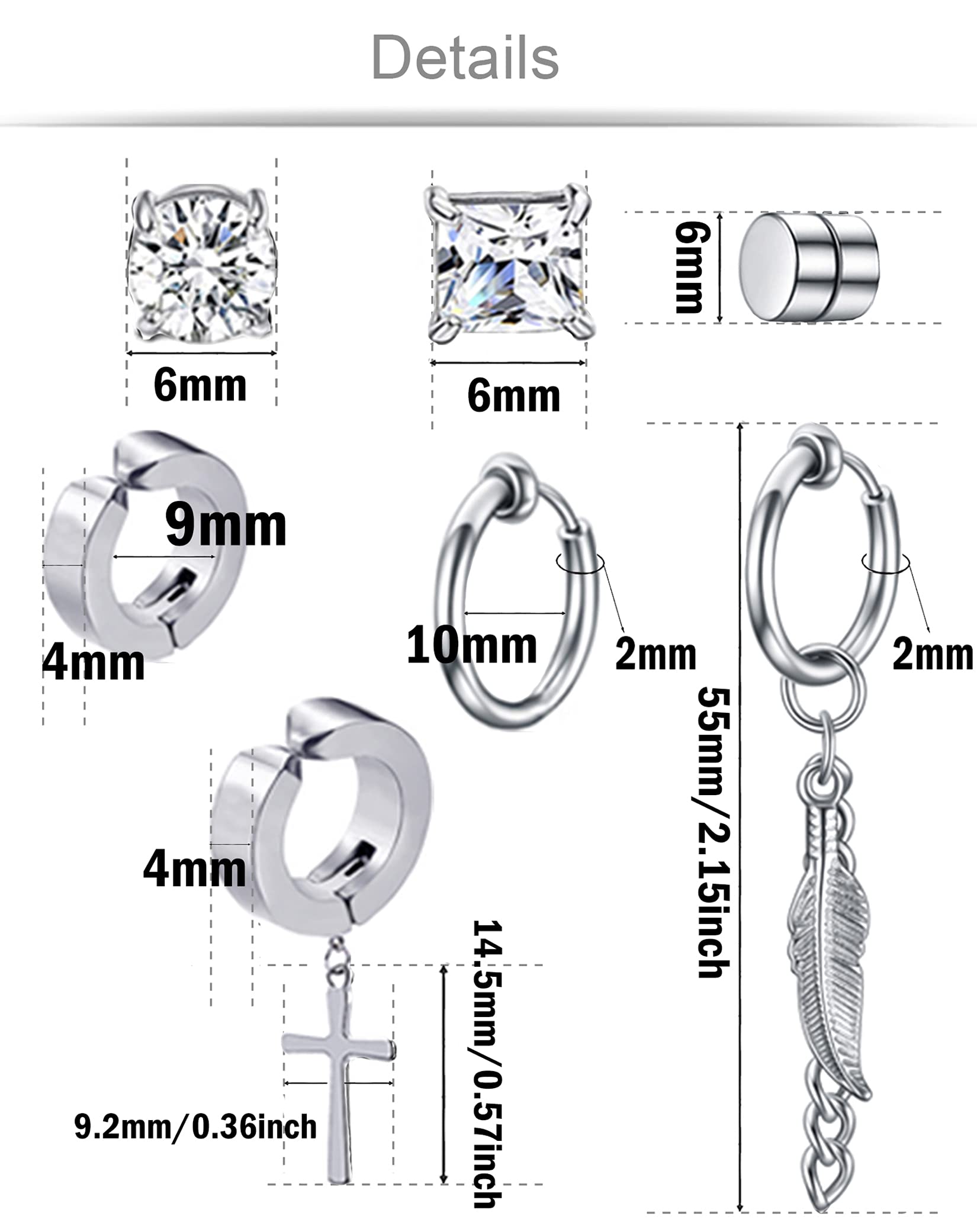 Ofeiyaa 7 Pairs Magnetic Stud Earring Stainless Steel CZ Clip On Earring Non- Piercing Huggie Chain Pendant Earring Feather Hinged Hoop Earrings Set For Women Men Silver Tone.