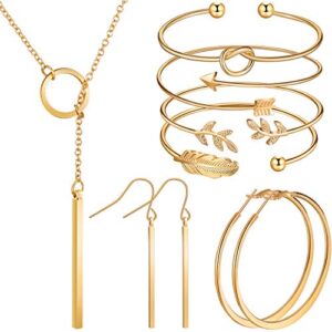 hicarer simple bar jewelry set vertical bar necklace earrings adjustable cuff bracelet for women (gold)