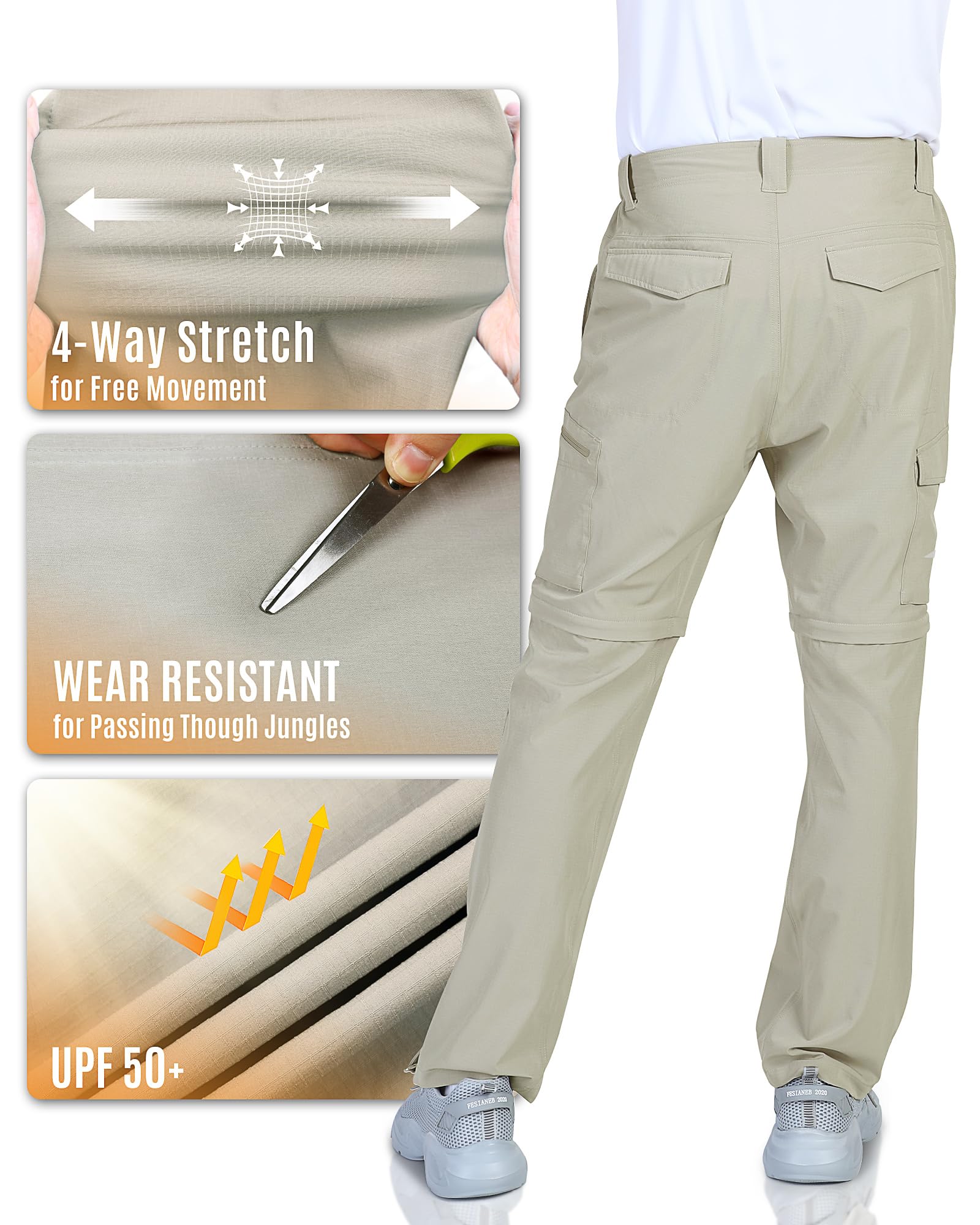 Outdoor Ventures Mens Hiking Pants Lightweight Quick Dry Convertible Pants, Stretch Zip-Off Cargo Pants for Travel Fishing Beige