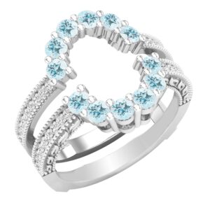 Dazzlingrock Collection Round Aquamarine & White Diamond Ladies Enhancer Guard Double Wedding Ring, Sterling Silver, Size 6.5