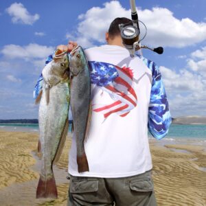 Palmyth Fishing Shirt for Men Long Sleeve Sun Protection UV UPF 50+ T-Shirts with Pocket (Largemouth bass/Flag, Large)