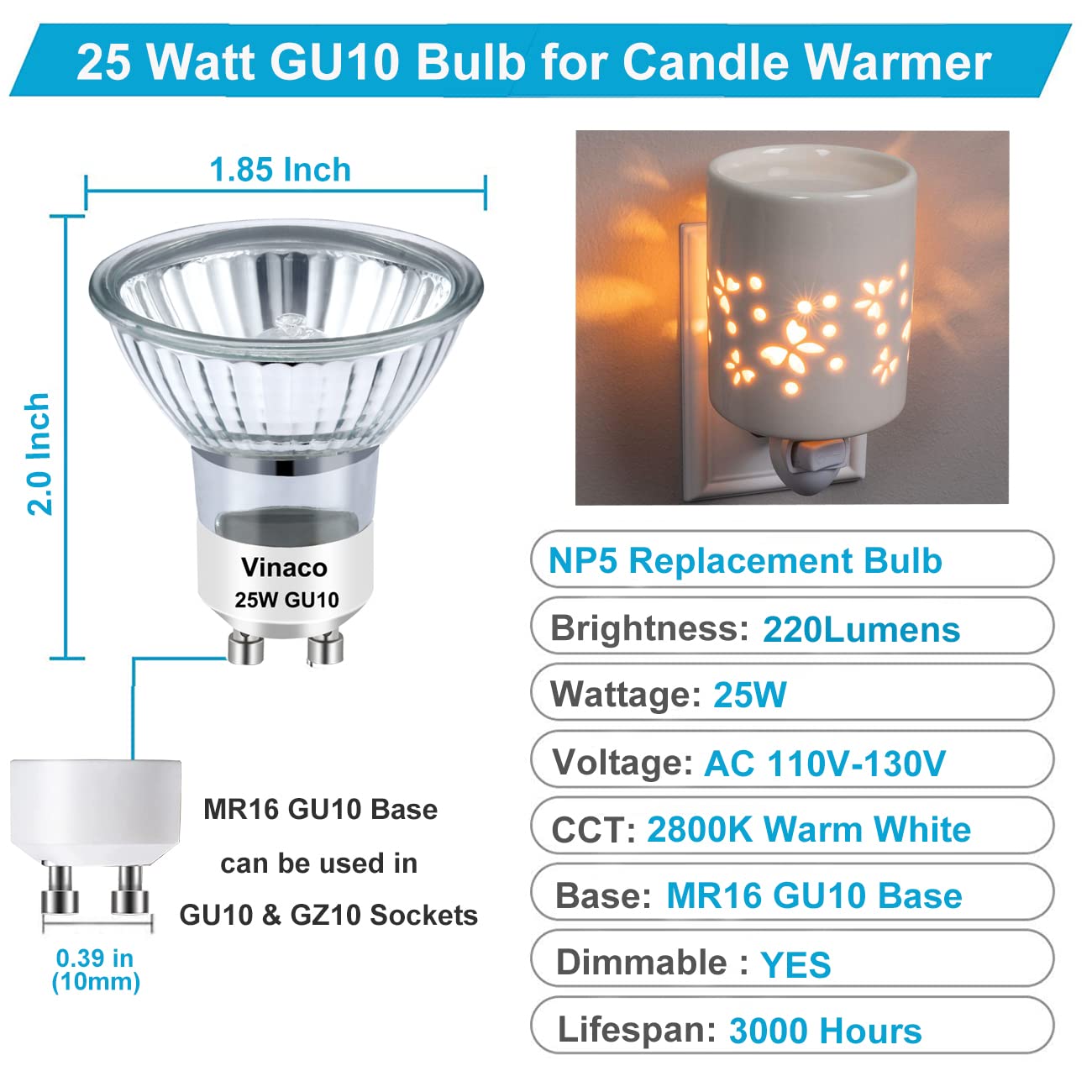 Vinaco GU10 Bulb 25W 120V, 6 Pack Long Lifespan MR16 GU10 Halogen Bulb, GU10 Dimmable Warm White 2800K for NP5 GU10 120V 25W Bulb Candle Warmer, GU10+C 120V 25W Bulb for Track Light Bulbs, Hood Bulbs