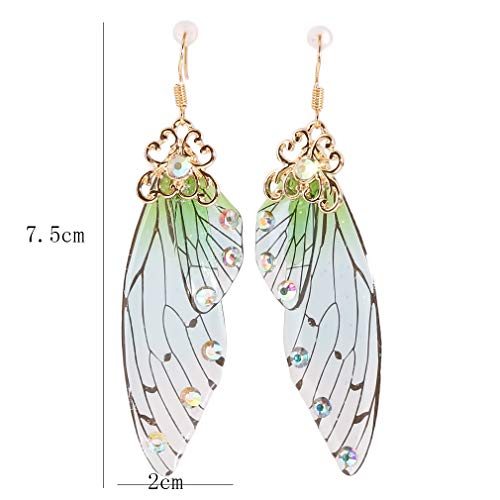 HELPFLOWER CH Handmade Fairy Simulation Butterfly Wing Earrings Foil Rhinestone Earring Romantic Jewelry,Golden Green