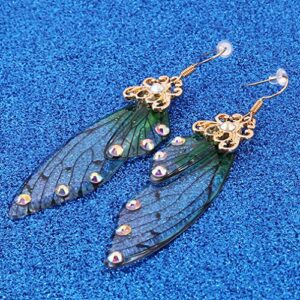 HELPFLOWER CH Handmade Fairy Simulation Butterfly Wing Earrings Foil Rhinestone Earring Romantic Jewelry,Golden Green