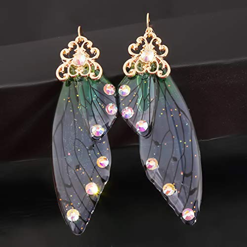 HELPFLOWER CH Handmade Fairy Simulation Butterfly Wing Earrings Foil Rhinestone Earring Romantic Jewelry,Golden Green