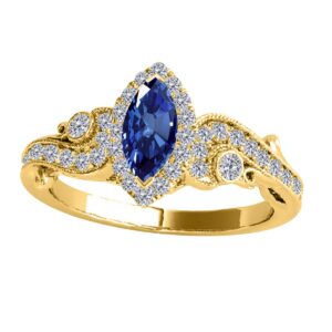 maulijewels 3/4 carat marquise shape sapphire & natural white diamond gemstone ring prong-setting 14k solid yellow gold