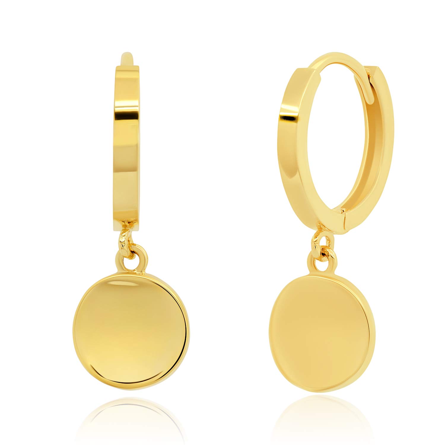 MAX + STONE 14k Yellow Gold Small Huggie Dangle Hoop Earrings for Women with Round Plates 10mm